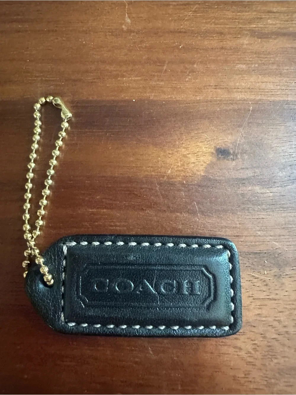Coach Black Leather Key Tag with Gold Ball Chain